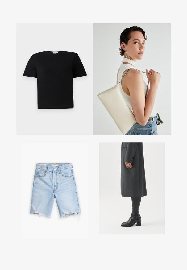 Camiseta negra de manga corta hecha de algodón. Presenta un cuello redondo tipo crew y un corte holgado. Diseño liso sin patrones ni acentos.; Pantalones cortos de mezclilla azul claro con un dobladillo deshilachado, diseño de cinco bolsillos y herrajes metálicos. La tela presenta un lavado desvanecido para un aspecto utilizado.; Abrigo gris, entallado y de corte recto; combinado con botas de cuero negras hasta la rodilla que tienen punta cuadrada y tacón grueso.; Bolso de mano rectangular blanco, hecho de un material brillante, con una cadena plateada. La modelo posa, mostrando el bolso frente a un fondo liso.