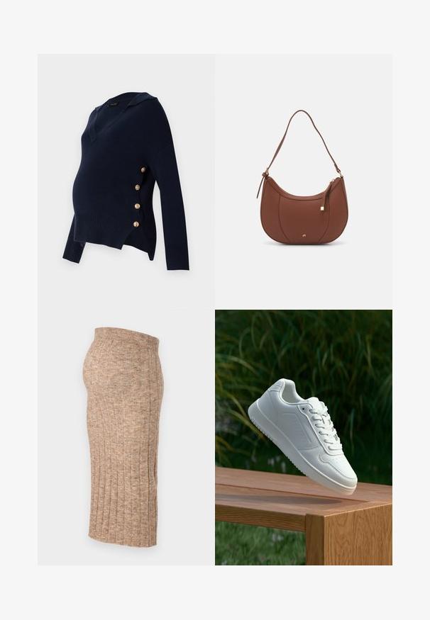 Marineblå gravidsweater med V-hals, ribbet tekstur og gullknappdetaljer langs siden, med en avslappet og oversized passform.; Brun ribbet skjørt med elastisk midje, kne-lengt, med en glatt tekstur og et jevnt mønster, vist fra siden mot en hvit bakgrunn.; Hvite sneakers med en glatt syntetisk overdel, perforert tåboks, flate snørebånd og en teksturert såle, vist på en treflate.; Brun kunstlæder skuldertaske med buet form, minimal syning og detaljer i guld-tonet hardware. Har en top lynlås lukning og justerbar rem.