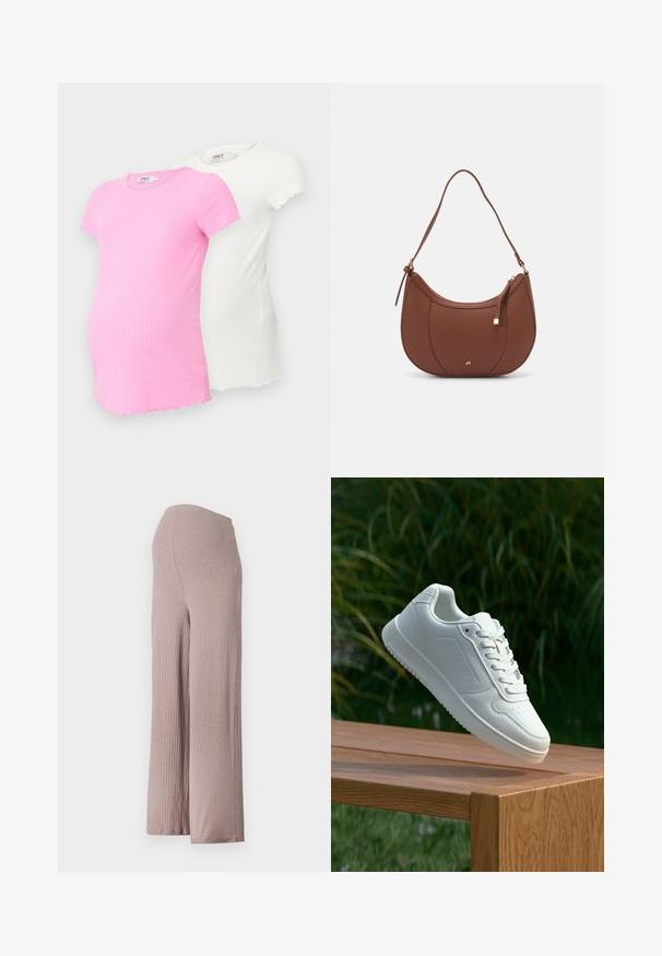 Marineblå gravidsweater med V-hals, ribbet tekstur og gullknappdetaljer langs siden, med en avslappet og oversized passform.; To gravide t-skjorter i rosa og hvitt, begge med ribbet stoff, korte ermer, med bølgekant og rund hals.; Lys rosa, ribbestrikkede vidbukser med sømløs midje, laget av et mykt, strukturert stoff og med en avslappet silhuett.; Hvite sneakers med en glatt syntetisk overdel, perforert tåboks, flate snørebånd og en teksturert såle, vist på en treflate.; Brun kunstlæder skuldertaske med buet form, minimal syning og detaljer i guld-tonet hardware. Har en top lynlås lukning og justerbar rem.