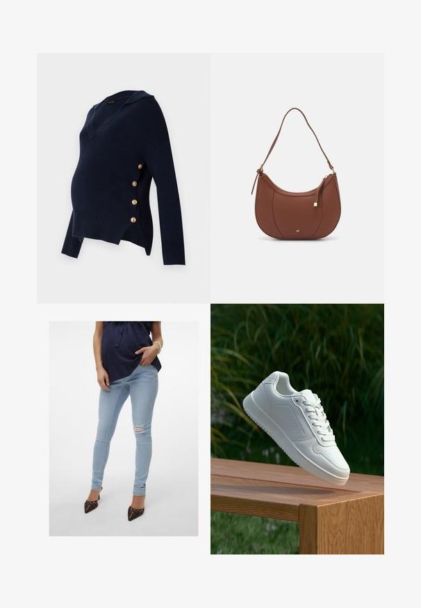 Tamno plavi majica za trudnice s V-izrezom, rebrastom teksturom i zlatnim gumbima sa strane, s opuštenim i širokim krojem.; Svijetloplave tajice s izrezima na koljenima, elastična tkanina, srednji struk i dužina do gležnja; u paru s smeškim cipelama s oštrim vrhom.; Bijela tenisica sa glatkim sintetičkim gornjim dijelom, perforiranim prednjim dijelom, ravnim vezicama i teksturiranom potplatom, prikazana na drvenoj površini.; Smeđa torba od umjetne kože s zakrivljenim oblikom, minimalnim šavovima i zlatnim metalnim detaljima. Ima zatvaranje na gornjoj strani sa patentnim zatvaračem i podesivu naramenicu.