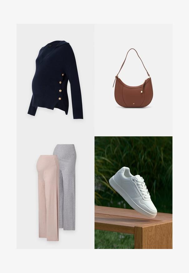 Suéter de maternidad azul marino con cuello en V, textura acanalada y detalles de botones dorados a lo largo del costado, que presenta un corte holgado y oversize.; Dos pares de pantalones de pierna ancha, uno rosa claro y otro gris claro, hechos de una suave tela de punto acanalado, con una cintura alta.; Zapatilla blanca con un upper sintético suave, caja de dedos perforada, cordones planos y una suela texturizada, exhibida sobre una superficie de madera.; Bolso de hombro de imitación cuero marrón con forma curva, costura mínima y un acento de hardware en tono dorado. Presenta un cierre de cremallera en la parte superior y una correa ajustable.