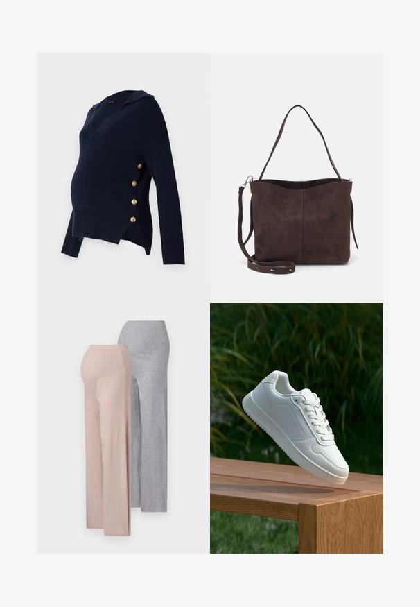 Navy blue maternity sweater with a V-neck, ribbed texture, and gold-button accents along the side, featuring a relaxed oversized fit.; Two pairs of wide-leg trousers, one light pink and one light gray, made from a soft ribbed knit fabric, featuring a high waistband.; White sneaker with a smooth synthetic upper, perforated toe box, flat laces, and a textured sole, displayed on a wooden surface.; Brown suede tote bag with a soft texture, featuring a single shoulder strap and a subtle curved top opening. No visible hardware details.