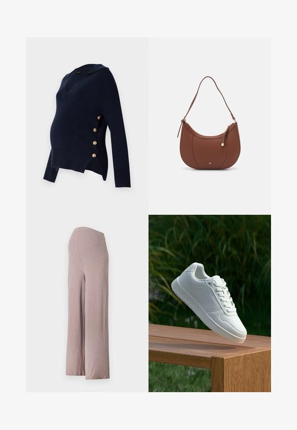 Těhotenský svetr v námořnické modři s výstřihem do V, s ribkovanou texturou a zlatými knoflíkovými detaily na straně, který má volný oversize střih.; Světle růžové široké kalhoty s ribovaným vzorem, bezšvovým pasem, vyrobené z měkké texturované látky a s uvolněným střihem.; Bílé tenisky s hladkým syntetickým svrškem, perforovanou špičkou, plochými tkaničkami a texturovanou podrážkou, vystavené na dřevěném povrchu.; Hnědá kabelka přes rameno z umělé kůže s zakřiveným tvarem, minimálním prošíváním a zlatým kovovým akcentem. Disponuje vrchním zipovým uzavíráním a nastavitelným popruhem.