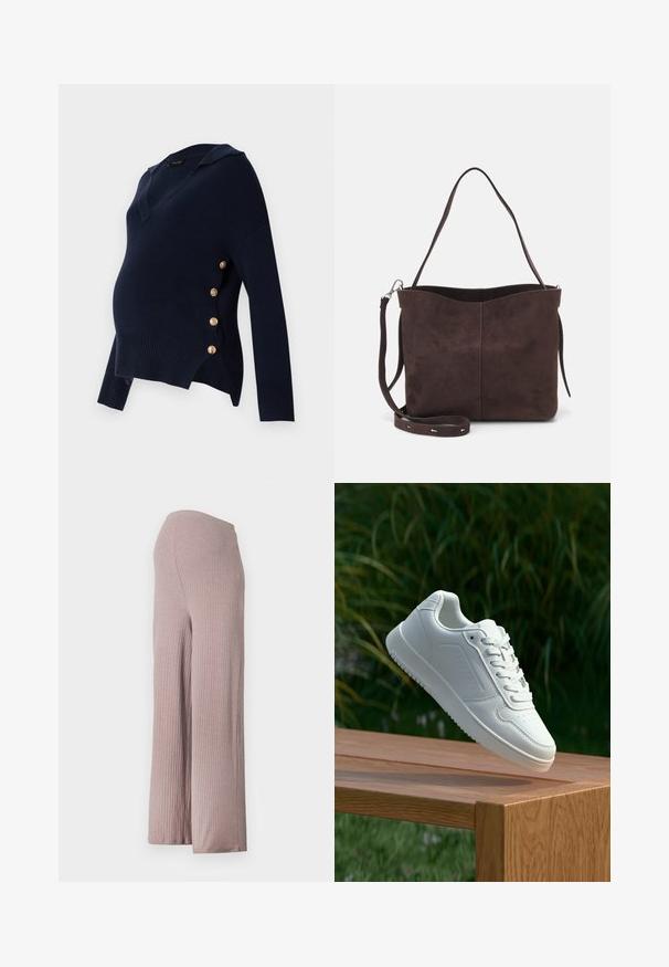 Niebieski sweter ciążowy z dekoltem w serek, prążkowaną teksturą i złotymi guzikami po boku, o luźnym, oversize'owym kroju.; Jasnoróżowe, prążkowane spodnie o szerokich nogawkach z bezszwowym paskiem w talii, wykonane z miękkiego, teksturowanego materiału i o luźnym kroju.; Biały sneaker z gładką syntetyczną cholewą, perforowanym noskiem, płaskimi sznurowadłami i teksturowaną podeszwą, wyeksponowany na drewnianej powierzchni.; Brązowa surowa torba na ramię o miękkiej fakturze, z pojedynczym paskiem na ramię i subtelnym, zakrzywionym otwarciem u góry. Brak widocznych detali metalowych.