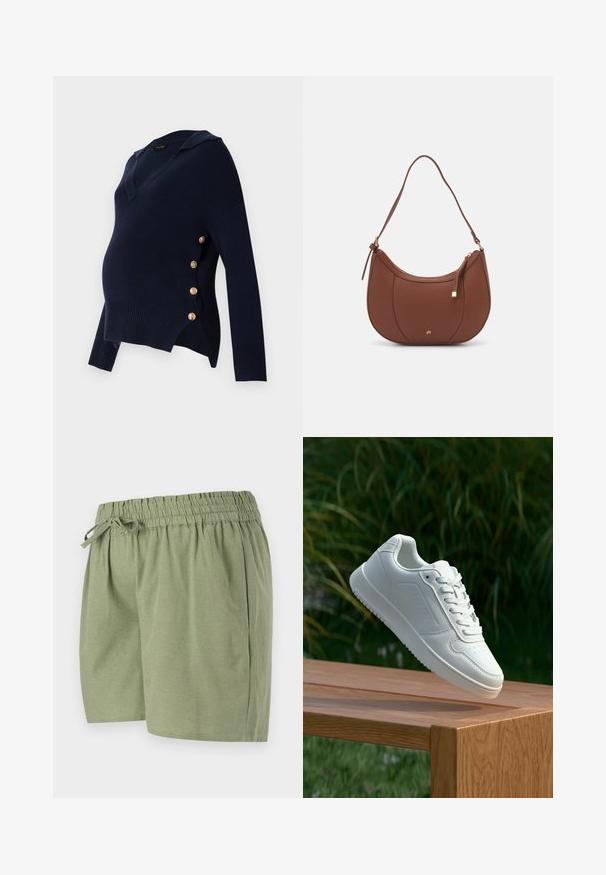 Těhotenský svetr v námořnické modři s výstřihem do V, s ribkovanou texturou a zlatými knoflíkovými detaily na straně, který má volný oversize střih.; Světlé zelené šortky vyrobené z měkké tkaniny. Obsahují elastický pás se šňůrkou, boční kapsy a rovný střih.; Bílé tenisky s hladkým syntetickým svrškem, perforovanou špičkou, plochými tkaničkami a texturovanou podrážkou, vystavené na dřevěném povrchu.; Hnědá kabelka přes rameno z umělé kůže s zakřiveným tvarem, minimálním prošíváním a zlatým kovovým akcentem. Disponuje vrchním zipovým uzavíráním a nastavitelným popruhem.
