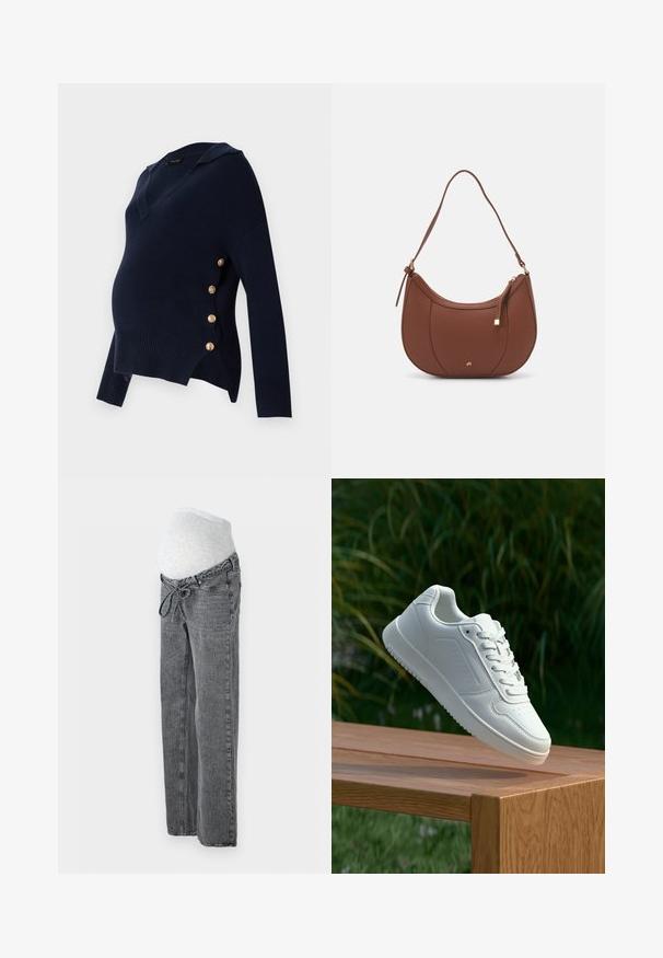 Tume sinine rasedusee särgiga, millel on V-kaelus, ribakujuline tekstuur ja kuldne nööbiga kaunistus külgedel, millel on lõtv ja üle mõõtme sobiv kord.; Vero Moda Maternity VMMTESSA WIDE BELT - Avar lõikega teksad - medium grey denim; Valged sneakerd, millel on sile sünteetiline ülemine osa, väikeste aukudega varvaskast, lamedad paelad ja tekstuuriga tald, eksponeeritud puidust pinnal.; Pruun faux nahast õlaline kott, millel on kaarjas kuju, minimaalne õmblemine ja kuldse tooni metallist aksessuaar. Omab ülemist tõmblukku ja reguleeritavat rihma.