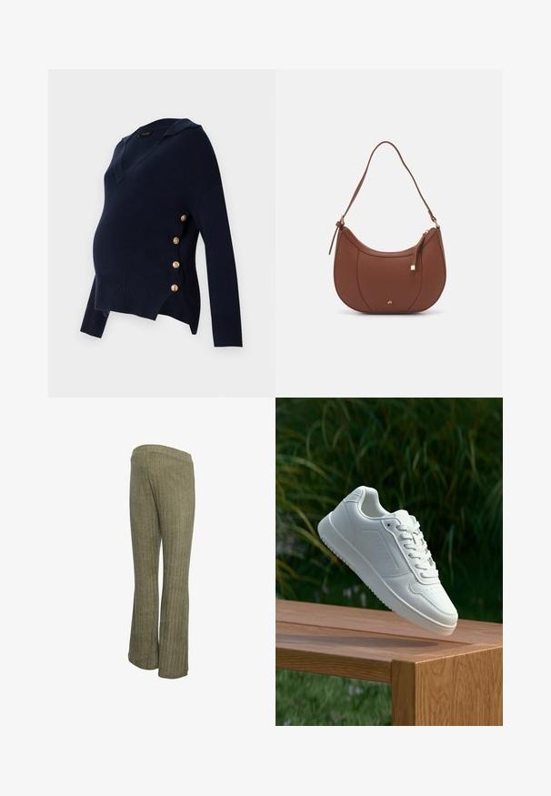 Mørkeblå graviditetssweater med V-hals, ribbet tekstur og guldknapdetaljer langs siden, der har en afslappet oversized pasform.; Kaki ribstrikkede bukser med udvidede ben og elastik i taljen, fremstillet i et tekstureret stof med lodrette striber.; Hvid sneaker med en glat syntetisk overdel, perforeret tåboks, flade snørebånd og en tekstureret sål, præsenteret på en træoverflade.; Brun faux læder skuldertaske med buet form, minimal syning og en guldtonet hardwaredetalje. Har en top lynlåslukning og justerbar rem.; Guldsmykkesæt med en lagdelt halskæde med en dråbeformet vedhæng og matchende stud øreringe, alt sammen med en poleret overflade.