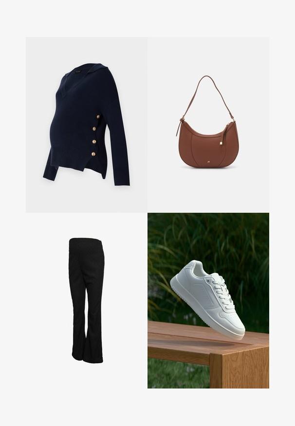 Tume sinine rasedusee särgiga, millel on V-kaelus, ribakujuline tekstuur ja kuldne nööbiga kaunistus külgedel, millel on lõtv ja üle mõõtme sobiv kord.; Mustad lahkuvad püksid, mis on valmistatud tekstureeritud kangast, millel on kõrge vöökoht ja sile viimistlus, sirge lõige puusade ja reite kohal.; Valged sneakerd, millel on sile sünteetiline ülemine osa, väikeste aukudega varvaskast, lamedad paelad ja tekstuuriga tald, eksponeeritud puidust pinnal.; Pruun faux nahast õlaline kott, millel on kaarjas kuju, minimaalne õmblemine ja kuldse tooni metallist aksessuaar. Omab ülemist tõmblukku ja reguleeritavat rihma.