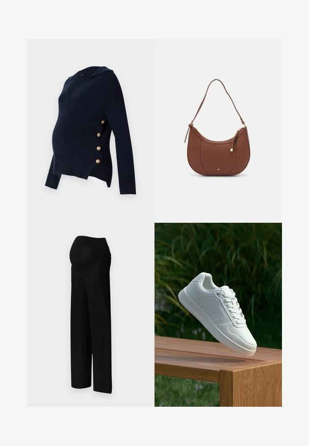 Marineblauwe zwangerschapstrui met een V-hals, geribbelde structuur en gouden knoopaccenten aan de zijkant, met een ontspannen oversized pasvorm.; Zwarte geribbelde zwangerschapsbroek met een brede, elastische tailleband en een losse, wijde pijpdesign. De stof is glad met een subtiele textuur.; Witte sneaker met een gladde synthetische bovenkant, geperforeerde neus, platte veters en een gestructureerde zool, tentoongesteld op een houten oppervlak.; Bruine faux leren schoudertas met een gebogen vorm, minimale stiksels en een gouden hardware-accent. Voorzien van een bovenste ritsluiting en een verstelbare schouderband.