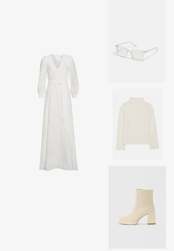 Bluză crem cu mânecă lungă, guler înalt, textură moale și o croială lejeră. Umeri fără cusături și tiv drept cu slituri laterale.; Rochie lungă albă dintr-un material texturat, având decolteu adânc în V, mâneci bufante, talie cu braț și un tiv fluid.; Cizmă de gleznă din piele bej, cu toc pătrat și talpă platformă, cu un finisaj neted și vârf ușor pătrat, orientată spre stânga pe fundal alb.; Ochelari de vedere cu rame pătrate din plastic transparent, dotate cu lentile translucide și accente aurii pe temple pentru un detaliu suplimentar.; Geantă structurată albă, cu mânere scurte și curea de umăr, având accente din metal aurit și material texturat, expusă pe un fundal gri.