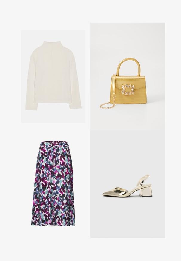 Cremefarvet langærmet bluse med høj krave, blød tekstur og afslappet pasform. Sømfrie skuldre og lige kant med sideslids.; En knælang nederdel med et farverigt abstrakt mønster i nuancer af lilla, teal og sort. Lavet af letvægts, tekstureret stof.; Guld, metalliske slingback-hæle med spids tå og kraftig hæl. Glat tekstur, minimalistisk design og en smal strop.; Gul faux-krokodille skuldertaske med struktureret design, top-håndtag, aftagelig kædetraske og dekorativ krystaldekoration på låsen.; Guldtonet metal ørering med et slankt, buet design. Har en karakteristisk spids form, poleret overflade og hængselåbning.