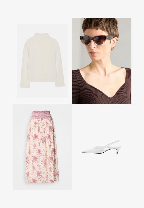 Krémový dlhý rukáv top s vysokým golierom, jemnou textúrou a voľným strihom. Bezšvové ramená a priamy lem so bočnými rozparky.; Maxi sukňa v krémovej farbe s ružovými kvetinovými a geometrickými vzormi. Obsahuje smockovaný pás pre prispôsobiteľné nosenie, vyrobená z ľahkej látky.; Biele slingback podpätky s špicatou špičkou, s hladkým zvrškom, jemnými výrezmi a nízkym blokovým podpätkom. Čierna podrážka zvýrazňuje dizajn.; Hnedé slnečné okuliare v tvare mačacích očí s gradientovými šošovkami, hrubým rámom v štýle korytnačiny a kontrastnými tmavými stranami s diskrétnym logom.; Kovová zlatá kabelka s hladkým, zaobleným tvarom, ktorá má horné zapínanie na gombík a malý reťazový popruh na nosenie.