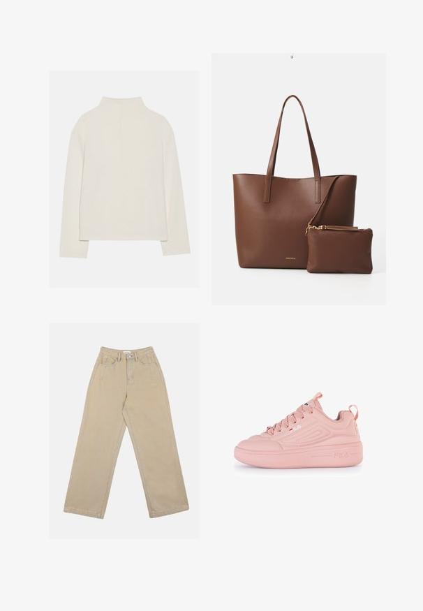 Kreemivärvi pikkade varrukatega topp kõrge kaelusega, pehme tekstuuriga ja mugava lõikega. Õmblusteta õlavarred ja sirge alläär külgservadega.; Bežid laiad püksid, mis on valmistatud denimist, kõrge vöökoha, ees olevate taskute ja kontrastsete õmblustega. Kujunduses on ka nupplukke.; Roosa toss, millel on sile sünteetiline pealis, ümar varvas, tekstuuriga aktsendid ja paks platvormkonts. Omab paelu ja logo detaile.; Pruun kunstnahast kott kahe pika käepidemega ja sobiva väikese kotti. Pinna peal on tekstuuriga muster ja kuldsed metallist detailid.