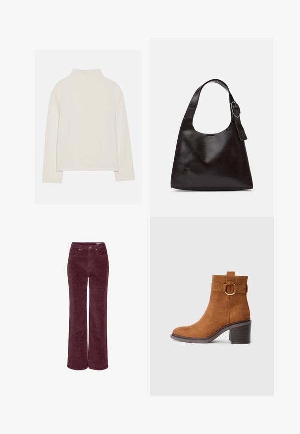 Kremasti dugi rukav s visokim ovratnikom, meke teksture i opuštenog kroja. Bešavni ramena i ravni rub s bočnim prorezima.; Pantalone od manšete širokog kroja, u dubokoj boji bordo. Imaju prednje džepove i petlje za remen, tkanina s teksturiranim završetkom.; Smeđa antilop čizma do gležnjeva s okruglim vrhom, blok potpeticom i dekorativnom trakom s detaljem kružne kopče.; Smeđa kožna torba preko ramena s glatkom teksturom, zaobljenim oblikom, širokim remenom i kružnim metalnim akcentom na ručki.