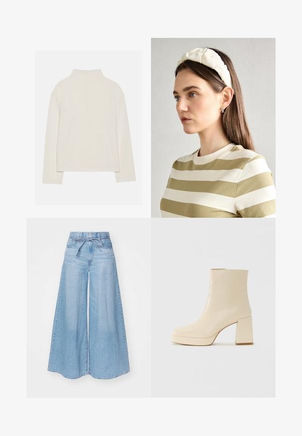 Kremna dolga majica z dolgimi rokavi in visokim ovratnikom, mehke teksture in sproščenega kroja. Brezšivne ramena in ravna obroba s stranskimi razpoki.; Svijetloplave široke traperice s visokim strukom, napravljene od denima, s detaljem vezanja oko struka i glatkom, izblijedjelom završnom obradom.; Bež usnjena gležnjarica z blok peto in platformo, gladka površina in rahlo kvadratni prst, obrnjena levo na belem ozadju.; Kremna ušesna traka s prepletenim dizajnom, uparjena s bež in belimi črtastimi majicami z okroglim izrezom. Diskretni nakit.