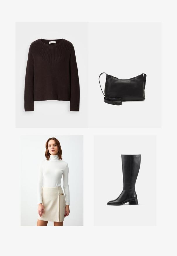 Dunkelbrauner gestrickter Pullover mit rundem Ausschnitt, überschnittenen Schultern und durchgehend gerippter Textur. Einfaches, lässiges Design.; Körperbetontes weißes, geripptes Rollkragenshirt mit langen Ärmeln, kombiniert mit einem beigen Wickelrock, der mit einem goldenen Akzent am Bund versehen ist.; Schwarze Lederstiefel bis zur Knee mit abgerundeter Spitze und niedrigem Blockabsatz. Verfügt über eine glatte Oberfläche und minimale Nahtdetails.; Schwarze Ledertasche für die Schulter mit glatter Textur, geschwungener Form, verstellbarem Tragegurt und Reißverschluss. Minimalistisches Design ohne Verzierungen.