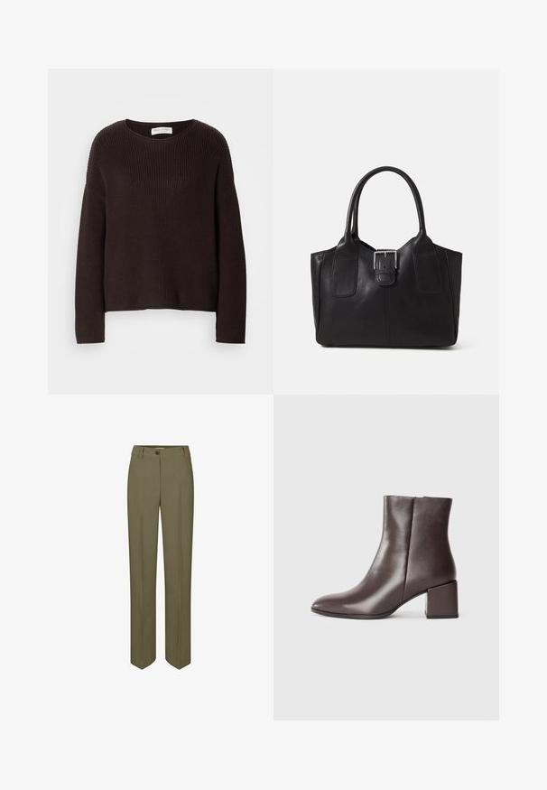 Dunkelbrauner gestrickter Pullover mit rundem Ausschnitt, überschnittenen Schultern und durchgehend gerippter Textur. Einfaches, lässiges Design.; Olivgrüne maßgeschneiderte Hose mit geradem Bein, einfacher Knopfverschluss und zwei vorderen Falten, mit einer glatten, gewebten Textur.; Braune Leder-Ankle-Boots mit einem eleganten Design, spitzer Zehenform und quadratischem Blockabsatz. Glatte Textur und minimalistisches Profil.; Schwarze Leder-Tote mit glatter Textur, strukturiertem Design, zwei Griffen und einem auffälligen silbernen Schnallen-Detail auf der Vorderseite.