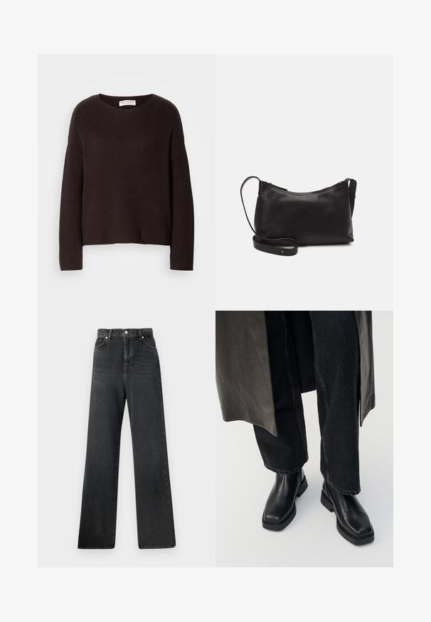 Ciemnobrązowy sweter robiony na drutach z okrągłym dekoltem, opadającymi ramionami i żebrowaną teksturą. Prosty, luźny krój.; Czarne dżinsy o szerokich nogawkach z wysokim stanem, zapinane na guzik, z pięcioma kieszeniami i subtelnym efektem wyblaknięcia na fakturze materiału.; Czarne skórzane botki za kostkę mają kwadratowy nosek i gruby bieżnik, zestawione z ciemnogranatowymi dżinsami podwiniętymi na kostkach. Gładka tekstura i elegancki design.; Czarna skórzana torba na ramię o gładkiej fakturze, zakrzywionym kształcie, regulowanym pasku i zapięciu na zamek. Minimalistyczny design bez zdobień.