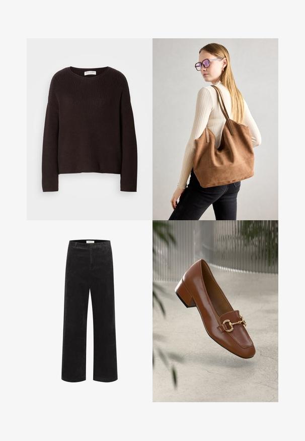 Tumši brūns adīts džemperis ar aplokšņu kaklu, nokritušām plecu daļām un ribota tekstūra visā džemperī. Vienkārša, brīva piegriezuma konstrukcija.; Melnas korduroja bikses ar platām kājām un vertikālu ribošanu, strukturētu jostasvietu un plakanu priekšpusi. Audums izskatās mīksts ar nelielu spīdumu.; Brūni lakoti ādas loaferi ar kvadrātu purngalu, metālisku ķēdes akcentu un zemu blokveida papēdi; gluda tekstūra, minimālisma dizains.; Burgundijas zamšs tote soma ar mīkstu tekstūru, plašu atveri un garām siksnām. Iezīmē vienkāršu dizainu ar redzamām šuvēm un bez aparatūras.