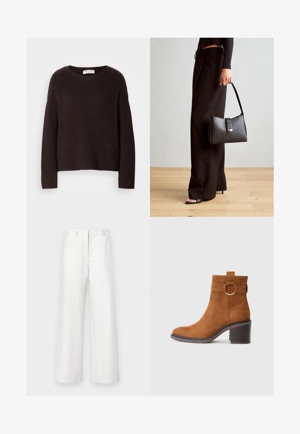 Dark brown knitted sweater featuring a round neckline, dropped shoulders, and ribbed texture throughout. Simple, relaxed fit design.; Wide-leg trousers in lightweight white linen with a subtle textured finish, featuring a front crease and standard waistband.; Brown suede ankle boot with a rounded toe, block heel, and a decorative strap featuring a circular buckle detail.; Black handbag with structured shape, smooth texture, and a metallic clasp. Paired with wide black pants and open-toe sandals on wooden floor.