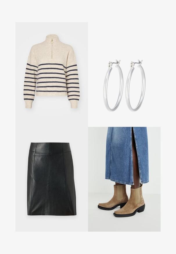 Beige tröja med marinblå horisontella ränder, hög krage och halv dragkedja. Tillverkad av ett texturerat stickat tyg, med ribbade ärmslut.; Svart läderkjol med en figursydd design. Slät textur, sömmar som markerar formen, och en rak fåll. Minimalistisk och elegant look.; Suedstövletter i tan med elastiska sidopaneler och en svart klack. Bärs med en ljusblå denimkjol med en sidslits.; Silverfärgade hoopörhängen med en slät, polerad yta. Rund form och säker klickstängning. Lättviktig design som passar för vardagligt bruk.