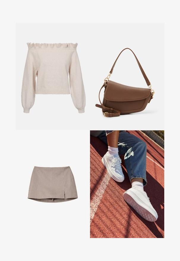 Krémový sveter bez ramienok s volánovým výstrihom, dlhými puff rukávmi a rebrovaným lemom; vyrobený z mäkkej, štruktúrovanej pleteniny.; Hnedo-biela malá kockovaná mini sukňa s predným rozparkom, položená na bielom pozadí.; Biele kožené tenisky s perforovanou špičkou, plochými šnúrkami a gumovou podrážkou. Nosí sa s bielymi ponožkami a svetlomodrými džínsami na červenom bežeckom ovále.; Hnedá kožená taška na rameno s textúrovaným povrchom, zakriveným tvarom, zlatými doplnkami, nastaviteľným popruhom a preklápacím uzáverom.