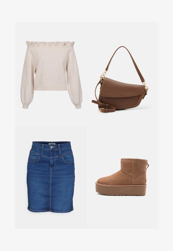 Krem pulover brez naramnic z nabrano obrobo okoli vratu, dolgimi napihnjenimi rokavi in ribanim robom; narejen iz mehkega, teksturiranega pletenega materiala.; Denim krilo v temno modri barvi s prilegajočim dizajnom. Ima pet žepov, gumbasto zapiranje in kontrastno šivanje ob šivih.; Bela antilopova gležnjača s platformom, okruglim vrhom i dekorativnim šavovima; ima uvučenu petlju straga za lakše oblačenje.; Brah zlatna usnjena torba za rame z teksturirano površino, ukrivljeno obliko, zlatim okovjem, nastavljivim trakom in pokrovom.