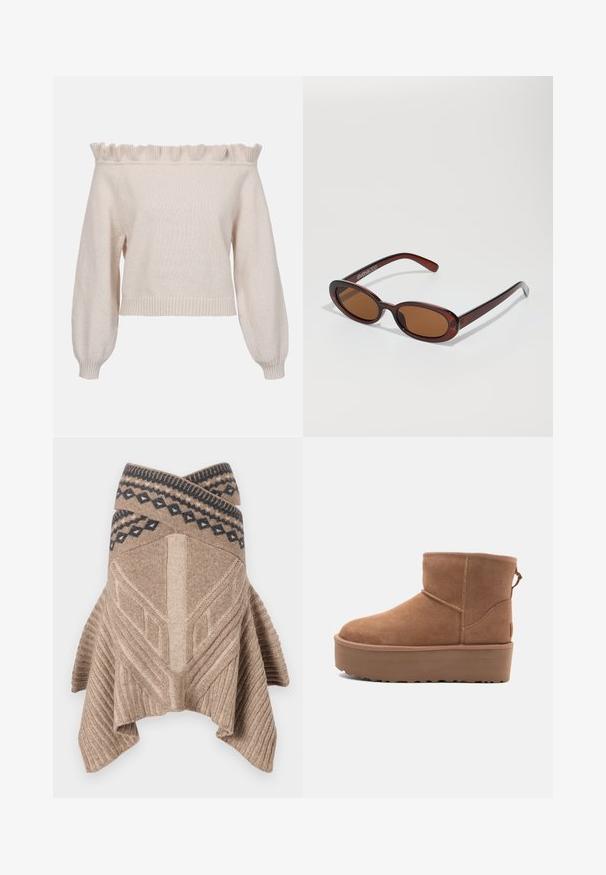 Pulover crem cu umerii goi, cu decolteu volă, mâneci lungi tip puff și tiv ondulat; fabricat dintr-un material tricotat moale, cu textură.; Poncho tricotat bej, cu o textură cu nervuri, design geometric și o margine contrastantă cu un model în albastru închis. Curea asimetrică, cu poale drapate.; Botine din suede de culoare bej, cu talpă platformă, vârf rotund și detalii de cusătură; dispune de un mânere la spate pentru a fi ușor de încălțat.; Ochelari de soare rotunzi, cu nuanțe de brown și cu un cadru lucios de burgund. Brațe subțiri cu detalii subtile de branding. Design cu lentile plate.; Geantă de umăr din piele maro, cu un finisaj texturat, formă curbă, accesorii aurii, curea reglabilă și închidere cu clapetă.