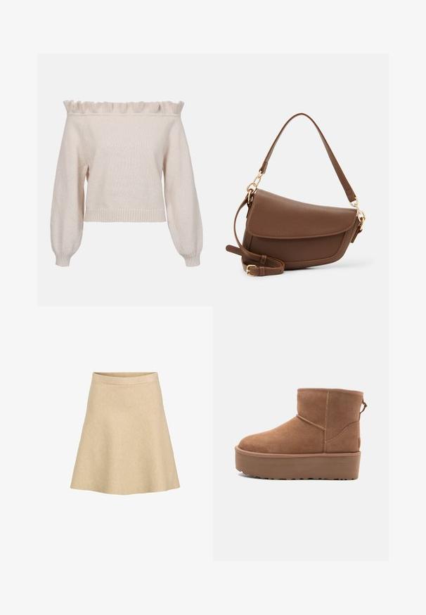 Kreminė off-the-shoulder megztinė su raukšlėtu iškirpimu, ilgomis pūkuotomis rankovėmis ir banguotu apvadu; pagaminta iš minkštos, tekstūrinės mezginio medžiagos.; Smėlinis, platėjantis sijonas, pagamintas iš tekstūruotos medžiagos, turi aukštą liemenį ir lygų apatinį kraštą, sukurtas paprastai ir švariai siluetui.; Smėlio spalvos zomšiniai kulkšninių batai su platformos padu, apvaliu nosiu ir siuvinėjimo akcentais; turi kilpos užpakalinėje dalyje, kad būtų lengviau užsidėti.; Ruda odinė petinė kuprinė su tekstūrine apdaila, išlenkta forma, auksinės spalvos aksesuarai, reguliuojama juosta ir dangtis.