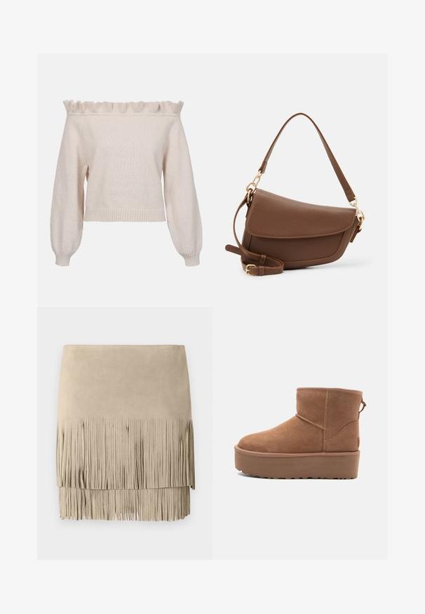 Cremfarbener Off-Shoulder-Pullover mit Rüschenausschnitt, langen Puffärmeln und geripptem Saum; aus weichem, strukturiertem Strickstoff gefertigt.; Beige Wildleder-Minirock mit einem Fransenboden. Glatte Textur mit gleichmäßiger Fransenlänge entlang der unteren Kante. Klassisches Design.; Beige Wildleder-Ankle-Boot mit Plateausohle, abgerundetem Zehenbereich und abgesteppten Akzenten; verfügt über eine Zuglasche hinten für einfaches An- und Ausziehen.; Braune Lederschultertasche mit strukturiertem Finish, geschwungener Form, goldfarbenen Beschlägen, verstellbarem Schulterriemen und Klappenverschluss.