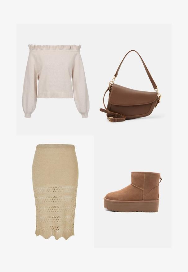 Kermakosketus kauluksellinen kerma-valkoinen neulepusero, jossa on röyhelökaulus, pitkät puffi-hihat ja ribbireunus; valmistettu pehmeästä, tekstuuripinnasta.; Knit beige pencil skirt with crochet pattern. Features scalloped hem and textured fabric, providing a fitted silhouette.; Tan suede nilonini kidogo chukua na sahani ya jukwaa, mguu wenye umbo la duara, na mapambo ya kushona; inajumuisha kipande cha kubana nyuma kwa kuvaa kwa urahisi.; Ruskea nahkainen olkalaukku, jossa on teksturoitu pinta, kaareva muoto, kultasävyinen metalliosat, säädettävä hihna ja läppäkiinnitys.