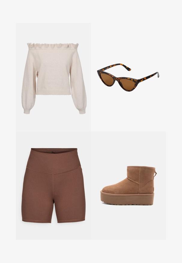 Kreminė off-the-shoulder megztinė su raukšlėtu iškirpimu, ilgomis pūkuotomis rankovėmis ir banguotu apvadu; pagaminta iš minkštos, tekstūrinės mezginio medžiagos.; Puma TRAIN SHORT - Tamprės - espresso brown; Smėlio spalvos zomšiniai kulkšninių batai su platformos padu, apvaliu nosiu ir siuvinėjimo akcentais; turi kilpos užpakalinėje dalyje, kad būtų lengviau užsidėti.; Katės akies saulės akiniai su juodu ir oranžiniu šarvuotu rėmeliu, ruda objektyvu ir elegantiškais, smailiais galiukais. Rėmelyje yra minimalus logotipas ant šventės.; Ruda odinė petinė kuprinė su tekstūrine apdaila, išlenkta forma, auksinės spalvos aksesuarai, reguliuojama juosta ir dangtis.