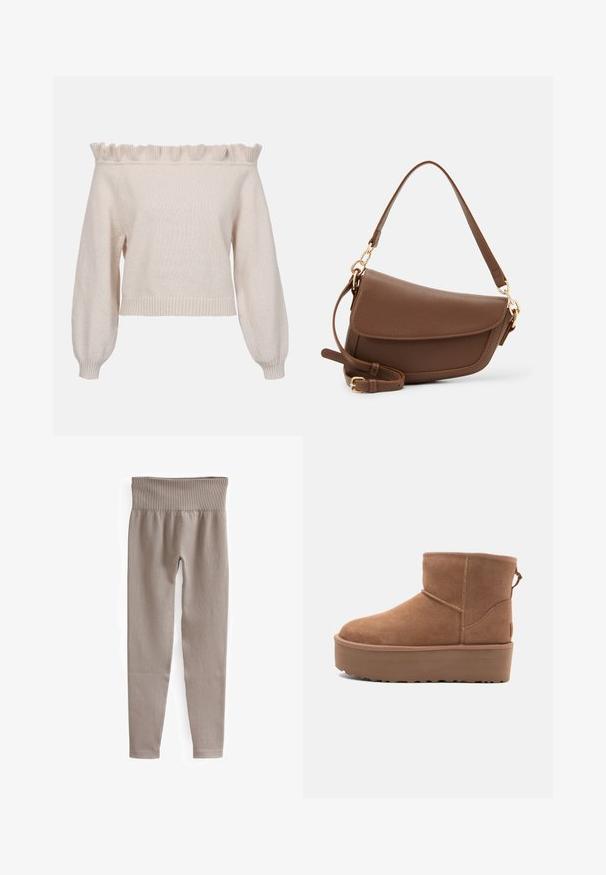 Krémový sveter bez ramienok s volánovým výstrihom, dlhými puff rukávmi a rebrovaným lemom; vyrobený z mäkkej, štruktúrovanej pleteniny.; Béžové rebrované legíny s širokým pásom, zúženými nohami a hladkým povrchom, navrhnuté pre pohodlie a flexibilitu.; Hnedé semišové členkové čižmy s platformou, okrúhlou špičkou a zdobením stehov; majú slučku zozadu pre jednoduché obúvanie.; Hnedá kožená taška na rameno s textúrovaným povrchom, zakriveným tvarom, zlatými doplnkami, nastaviteľným popruhom a preklápacím uzáverom.