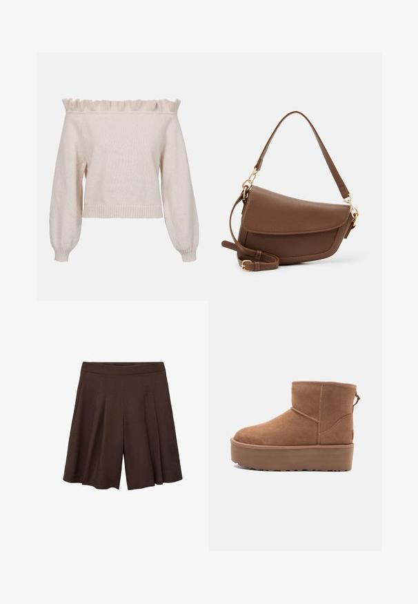 Krémový sveter bez ramienok s volánovým výstrihom, dlhými puff rukávmi a rebrovaným lemom; vyrobený z mäkkej, štruktúrovanej pleteniny.; Hnedé plisované šortky s vysokým pásom. Textília sa zdá byť hladká a ľahká, s hlbokými, čistými záhybmi pre voľný siluetu.; Hnedé semišové členkové čižmy s platformou, okrúhlou špičkou a zdobením stehov; majú slučku zozadu pre jednoduché obúvanie.; Hnedá kožená taška na rameno s textúrovaným povrchom, zakriveným tvarom, zlatými doplnkami, nastaviteľným popruhom a preklápacím uzáverom.