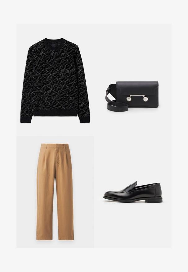 Czarny sweter z teksturowanym wzorem w ciemnozielonym kolorze. Posiada okrągły dekolt, długie rękawy oraz ribbowe mankiety i dół.; Brązowe, szerokie spodnie o gładkiej fakturze. Posiadają wysoki stan z plisami, szlufkami na pasek oraz jedną kieszenią z przodu.; Czarne skórzane mokasyny o gładkiej fakturze, zaokrąglonym nosku i dekoracyjnym pasku na przodzie. Niski, warstwowy obcas, minimalistyczny design.; Czarna skórzana torba na ramię z klapką, z metalowymi elementami w srebrnym kolorze i dwoma okrągłymi akcentami. Posiada odczepiany pasek. Gładka faktura.