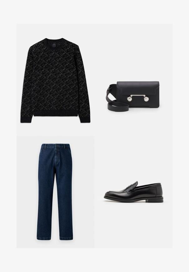 Svart tröja med en strukturerad mönster i mörkgrön. Har rund hals, långa ärmar och ribbade mudd och fåll.; Mörkblå denimjeans med rak bendesign, knäppning och bältesöglor. Tyget har en subtil textur och klassiska sömnadsdetaljer.; Svarta läderloafers med en slät yta, rund tå och ett dekorativt band över främre delen. Låg staplad klack, minimalistisk design.; Svart läder crossbody-väska med klaffstängning, silverfärgade detaljer och två runda accenter. Utrustad med en avtagbar rem. Slät textur.