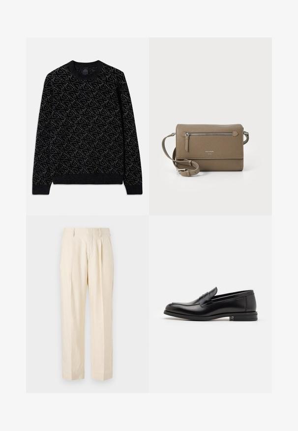 Schwarzer Pullover mit strukturierter Musterung in Dunkelgrün. Verfügt über einen Rundhalsausschnitt, lange Ärmel sowie gerippte Bündchen und Saum.; NN.07 KAY - Stoffhose - off white; Schwarze Lederloafers mit glatter Textur, rundem Zehenbereich und einem dekorativen Riemen über dem Vorderfuß. Niedriger, gestapelter Absatz, minimalistisches Design.; Taupe Leder Umhängetasche mit einem Reißverschluss-Frontfach, verstellbarem Schulterriemen, Strukturleder und geprägt Logo auf der Vorderseite.