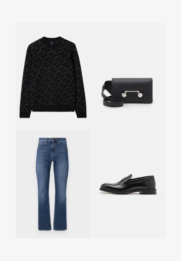 Svart tröja med en strukturerad mönster i mörkgrön. Har rund hals, långa ärmar och ribbade mudd och fåll.; Blå denimjeans med raka ben, utrustade med standardfickor och en stickad midja, med en medelmörk tvätt och subtila slitningar.; Svarta läderloafers med en slät yta, rund tå och ett dekorativt band över främre delen. Låg staplad klack, minimalistisk design.; Svart läder crossbody-väska med klaffstängning, silverfärgade detaljer och två runda accenter. Utrustad med en avtagbar rem. Slät textur.
