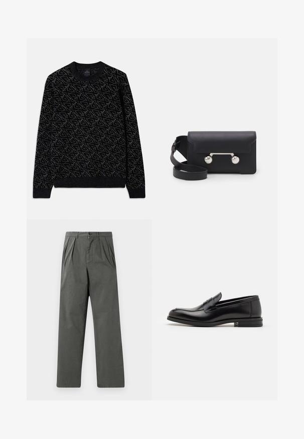 Sort sweater med et struktureret mønster i mørkegrøn. Har en rund halsudskæring, lange ærmer og ribbede manchetter og kant.; Lettrene, plisserede bukser i mørkegrå bomuld med en lige ben design. Har en frontknaplukning og bæltestropper.; Sorte læderloafers med en glat overflade, rund tå og en dekorativ strop over vampen. Lav hæl med stabeldesign, minimalistisk stil.; Sort læder crossover taske med klaplukning, sølvfarvet hardware og to runde accenter. Har en aftagelig rem. Glat tekstur.