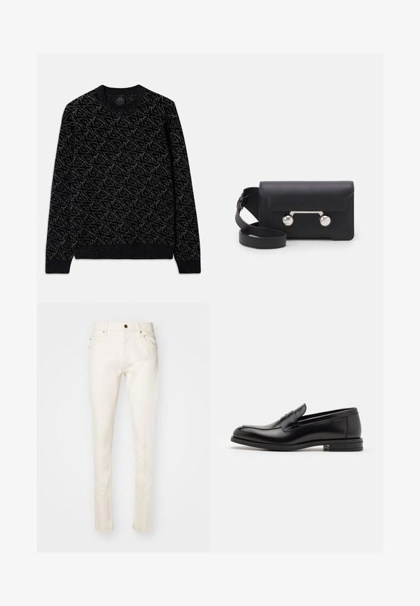 Crna majica s uzorkom u tamnozelenoj boji. Ima okrugli izrez, duge rukave te rebraste manžetne i donji rub.; Bež traperice od pamuka uskog kroja, s prednjim gumbom, pet džepova i suptilnim detaljima šivanja. Glatka tekstura i sužena nogavica.; Crni kožni mokasini s glatkom teksturom, zaobljenim prstima i ukrasnom trakom preko prednjeg dijela. Niski slojeviti potplat, minimalistički dizajn.; Crna kožna crossbody torba s preklopom, hardverom srebrne boje i dva okrugla detalja. Ima odvojivi remen. Glatka tekstura.