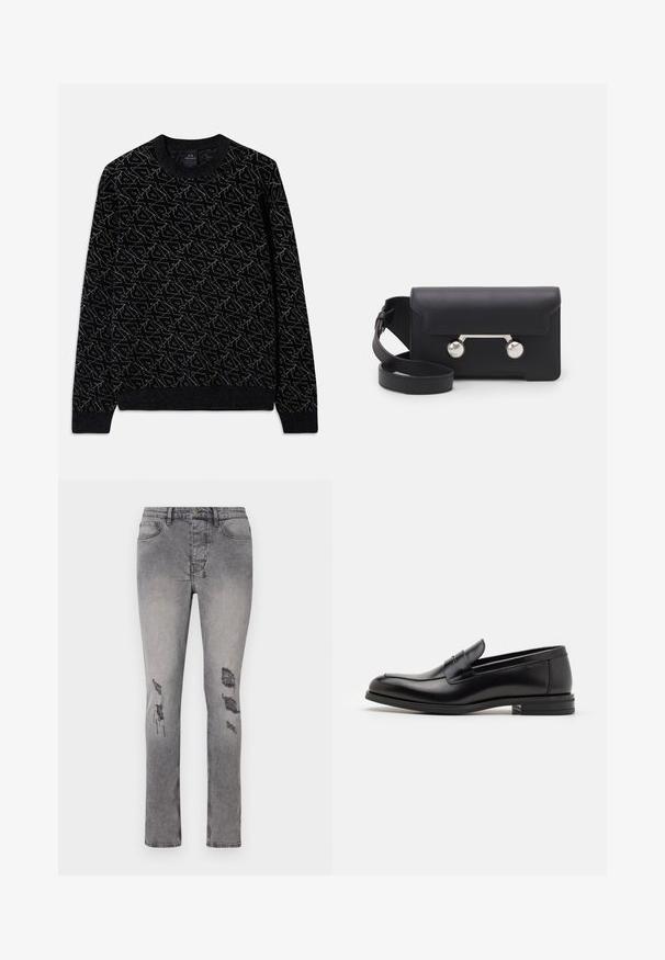 Melnas džemperis ar teksturētu rakstu tumši zaļā krāsā. Tam ir apaļa kakla izgriezums, garas piedurknes un ribotas aproces un apakšmalas.; Pelēki džinsi ar šauru piegriezumu un nelielu elastību. Iespējamās izspiedes uz ceļgaliem un klasiskā piecu kabatu dizains.; Melnas ādas kurpes ar gludu tekstūru, noapaļu purngalu un dekoratīvu siksniņu pāri priekšpusei. Zems sakrauts papēdis, minimālisma dizains.; Melna ādas crossbody soma ar atloku aizdari, sudraba toņu aparatūru un divām apaļām detaļām. Iespējams noņemt siksnu. Gluda tekstūra.