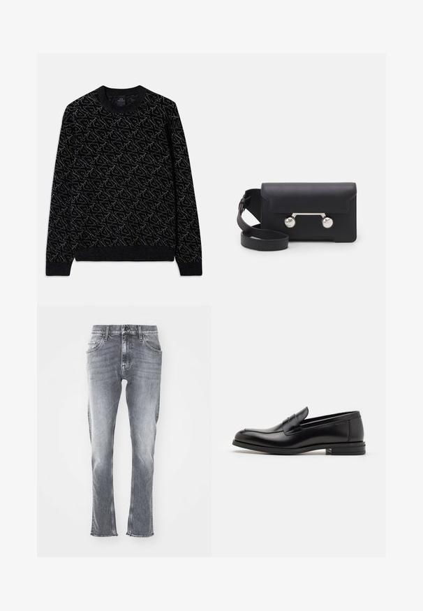 Sweater preto com um padrão texturizado em verde escuro. Apresenta um decote redondo, mangas longas e punhos e barra canelados.; Jeans de ganga cinzentos com corte slim, bainha desfiada e cinco bolsos. Apresentam um fecho clássico de botão e zip. Textura suave com lavagem desbotada.; Mocassins de couro preto com uma textura suave, bico arredondado e uma faixa decorativa sobre o peito do pé. Salto baixo e empilhado, design minimalista.; Saco transversal em pele preta com fecho de aba, ferragens em tom prateado e dois acentos redondos. Apresenta uma alça destacável. Textura suave.