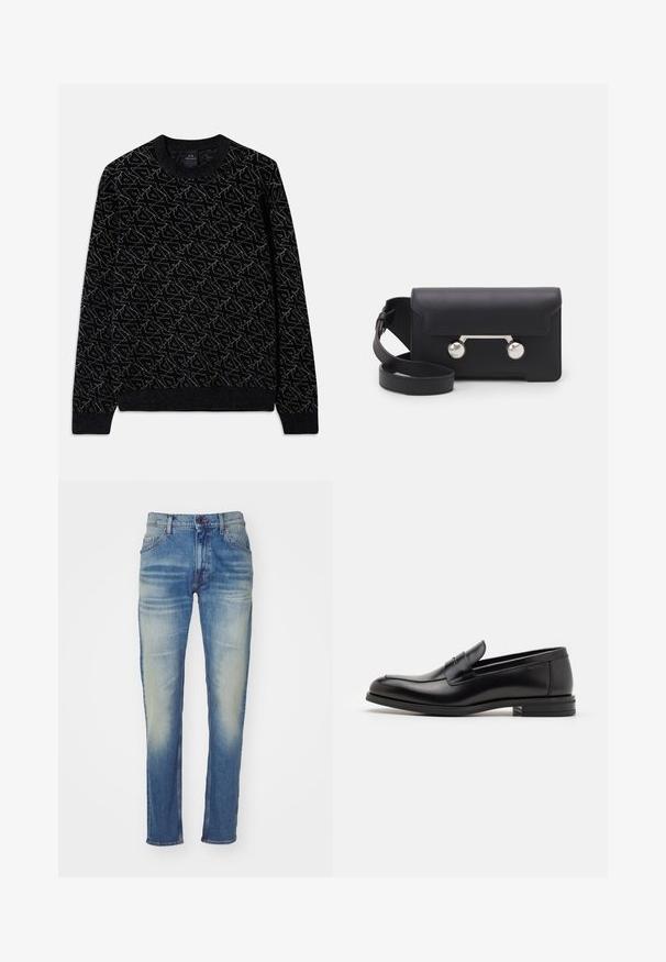 Sweater preto com um padrão texturizado em verde escuro. Apresenta um decote redondo, mangas longas e punhos e barra canelados.; Jeans de denim azul claro com um corte reto, apresentando um lavagens desbotadas, cinco bolsos e um fecho de botão na cintura.; Mocassins de couro preto com uma textura suave, bico arredondado e uma faixa decorativa sobre o peito do pé. Salto baixo e empilhado, design minimalista.; Saco transversal em pele preta com fecho de aba, ferragens em tom prateado e dois acentos redondos. Apresenta uma alça destacável. Textura suave.