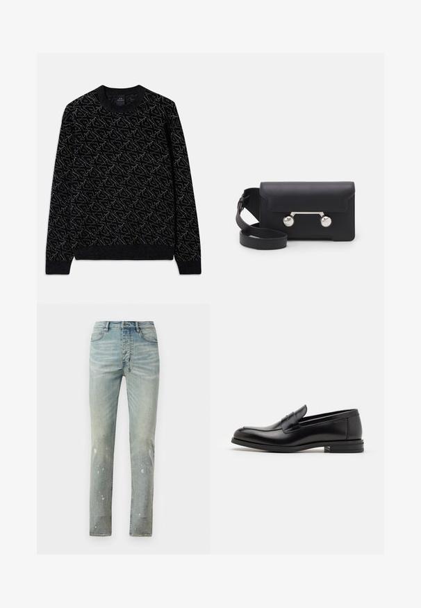 Černý svetr s texturovaným vzorem v tmavě zelené barvě. Má kulatý výstřih, dlouhé rukávy a manžety a lemování s žebrovaným vzorem.; Světle modré džíny s vysokým pasem ve slim fit. Má vybledlé oblasti a detailní skvrny po celém povrchu. Vyrobeno z denimu s kontrastním prošíváním.; Černé kožené polobotky s hladkou texturou, zaoblenou špičkou a zdobným páskem přes nárt. Nízký stohovaný podpatek, minimalistický design.; Černá kožená crossbody taška s klopovým zavíráním, stříbrným kováním a dvěma kulatými detaily. Obsahuje odnímatelný popruh. Hladká textura.
