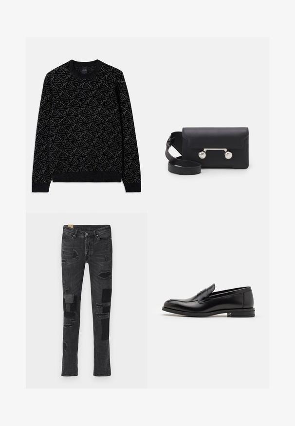 Pull noir avec un motif texturé en vert foncé. Dispose d'un col ras du cou, de manches longues et de bords-côtes aux poignets et à l'ourlet.; Jeans en denim noir avec des patches usés et des déchirures. Présente un design classique à cinq poches et une coupe droite.; Mocassins en cuir noir avec une texture lisse, bout rond et une sangle décorative sur le dessus. Talon bas empilé, design minimaliste.; Sac bandoulière en cuir noir avec un rabat, accessoires en métal argenté et deux accents ronds. Doté d'une bandoulière amovible. Texture lisse.