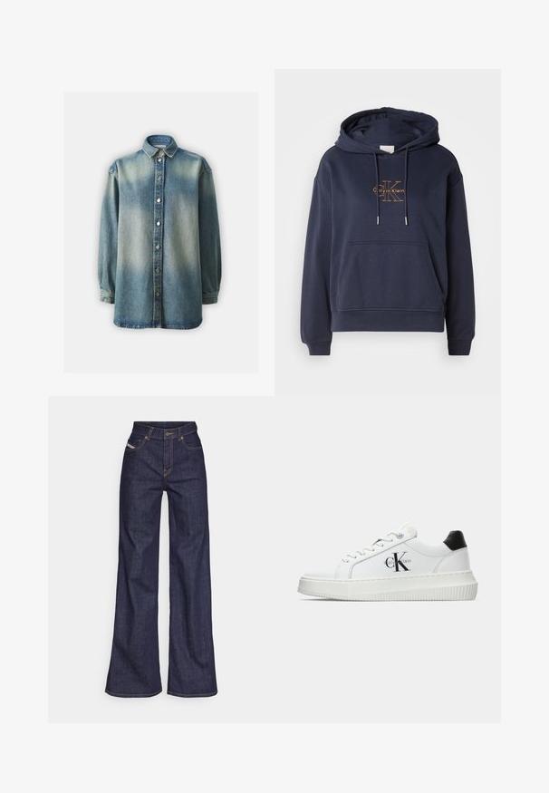 Navy blue cotton hoodie with a front pouch pocket, adjustable drawstrings, and a gold Calvin Klein logo printed on the chest.; Blue denim shirt featuring a classic collar, button-front closure, and long sleeves with a slightly loose fit. Faded wash and textured fabric.; Dark blue wide-leg jeans in denim fabric with a high waist, featuring orange stitching, five-pocket design, and a button closure.; White low-top sneaker with black heel tab, platform sole, laces, and Calvin Klein "CK" logo on the side.