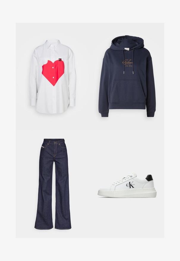 Navy blue cotton hoodie with a front pouch pocket, adjustable drawstrings, and a gold Calvin Klein logo printed on the chest.; DKNY OVERSIZED PRINTED HEART - Button-down blouse - white; Dark blue wide-leg jeans in denim fabric with a high waist, featuring orange stitching, five-pocket design, and a button closure.; White low-top sneaker with black heel tab, platform sole, laces, and Calvin Klein "CK" logo on the side.