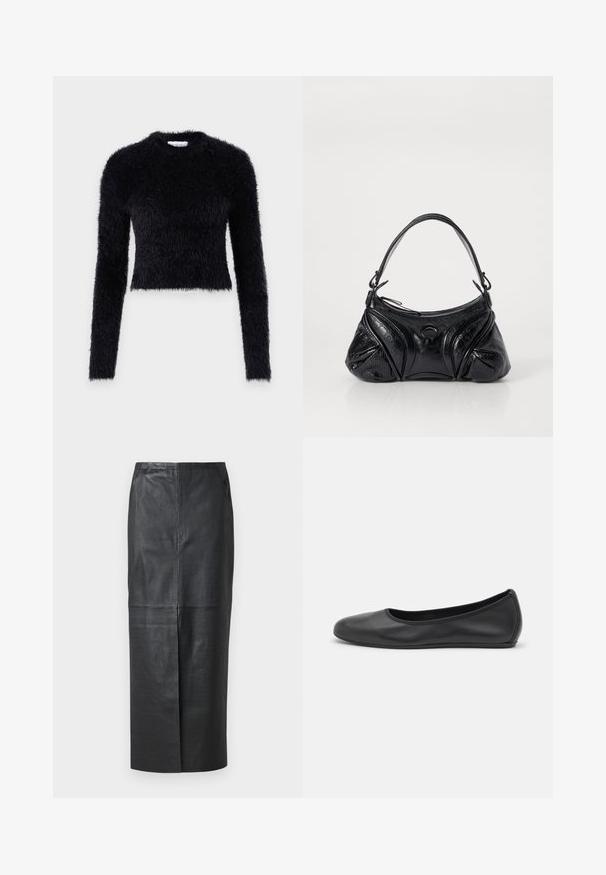 Czarny, krótki sweter z długimi rękawami, wykonany z miękkiego, puszystego materiału. Posiada okrągły dekolt i teksturowaną powierzchnię.; Czarna skórzana spódnica midi o gładkiej fakturze, prostym kroju i subtelnych detalach szwów. Posiada kieszenie i wysoki fason.; Czarne skórzane baletki z zaokrąglonym noskiem, gładką fakturą, minimalnymi przeszyciami i elastycznym designem podeszwy.; Czarna torebka wykonana z teksturowanej skóry o zaokrąglonym kształcie. Posiada cienki pasek na ramię oraz zdobnicze wytłoczone wzory.