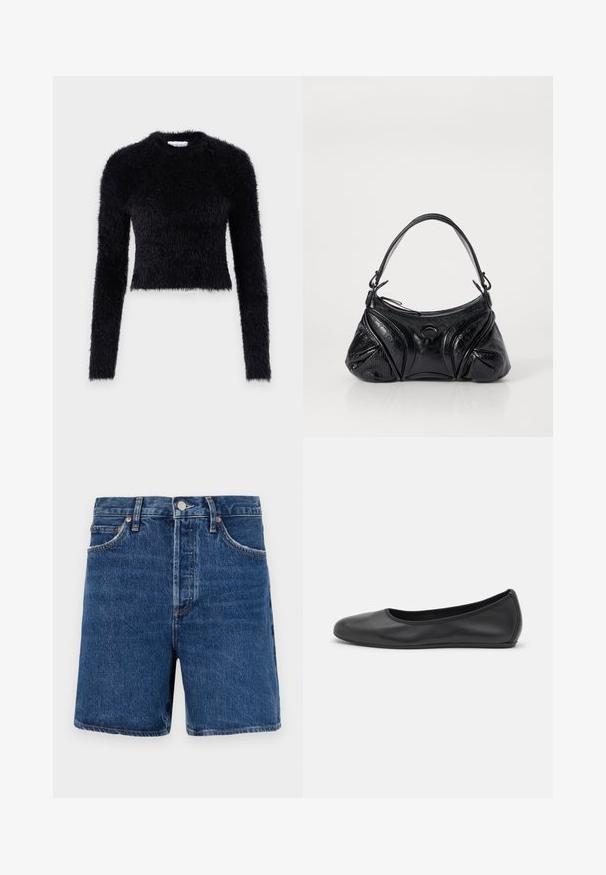 Black, cropped sweater with long sleeves, made from soft, fluffy material. Features a round neckline and textured surface.; Denim shorts in dark blue with a classic cut, featuring five pockets, a button closure, and contrasting orange stitching details.; Black leather ballet flat with a rounded toe, smooth texture, minimal stitching detail, and a flexible sole design.; Black handbag made of textured leather with a rounded shape. Features a thin shoulder strap and decorative embossed patterns.