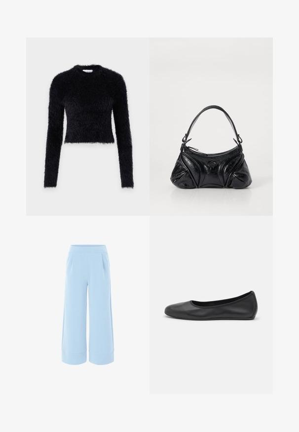 Schwarzer, taillierter Pullover mit langen Ärmeln, aus weichem, flauschigem Material. Mit rundem Ausschnitt und strukturiertem Oberflächen. ; Helles blauweite Hosen mit glatter Textur, elastischem Bund und aufgerolltem Saum. Verfügt über zwei vordere Falten für zusätzliche Details.; Schwarze Leder-Ballettschuhe mit abgerundeter Spitze, glatter Textur, minimalen Nähdetails und einem flexiblen Sohlen-Design.; Schwarze Handtasche aus strukturiertem Leder mit runder Form. Verfügt über einen dünnen Schulterriemen und dekorative geprägte Muster.